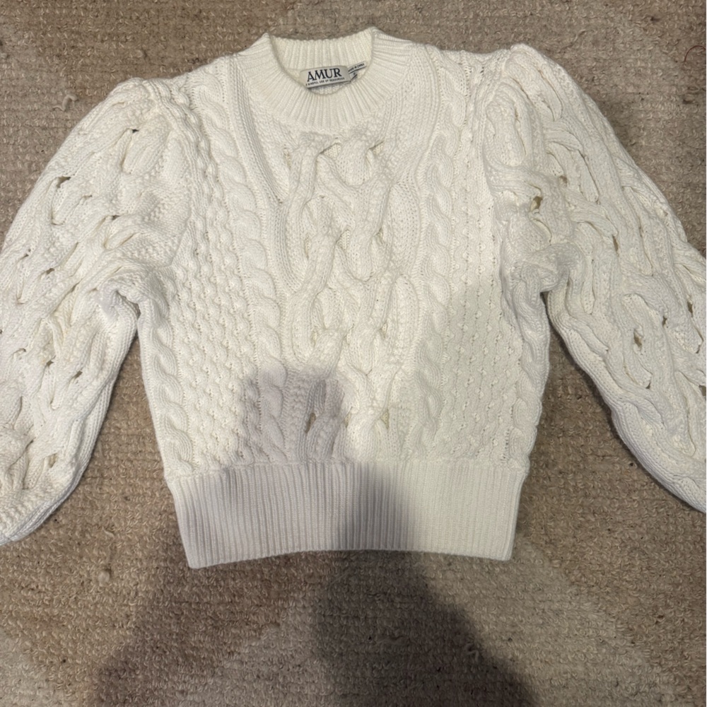 AMUR Cynthia cotton puffed sleeve cable crochet knit sweater.